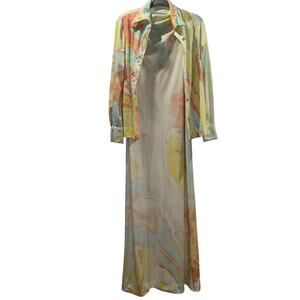 Vintage 1970s Don Louis España Watercolor Maxi Dress Set w/ Jacket - Size US 10